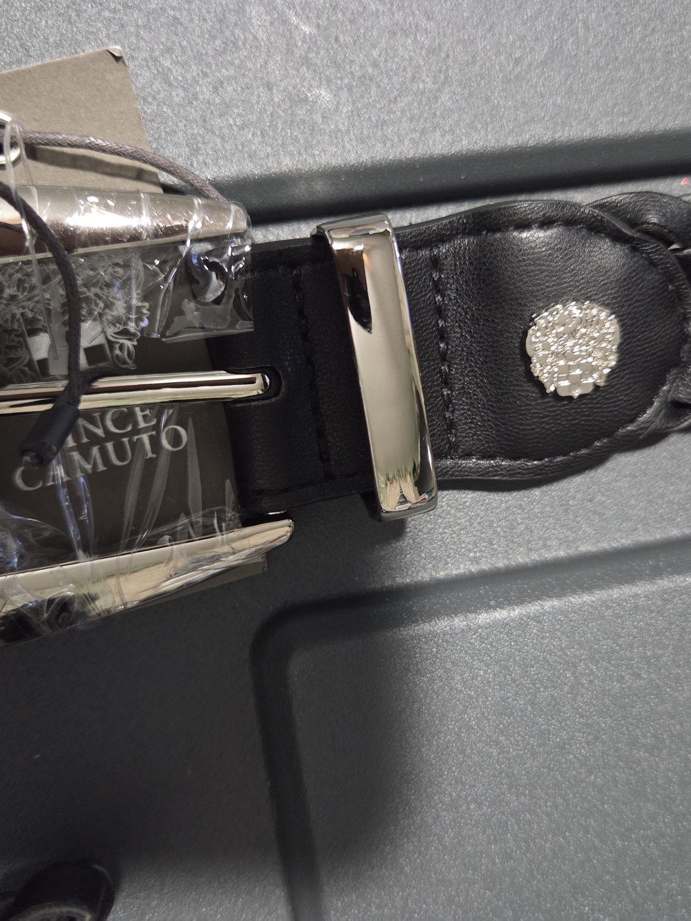 Vince Camuto Black Leather Belt with Silver Crest Detail